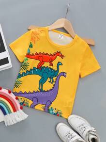 SHEIN Kids' Casual Cartoon Dinosaur Printed Short Sleeve T-Shirt