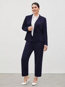 BizChic 大尺碼翻領長袖西裝外套和褲子套裝 - 藏蓝色 - 查看 1