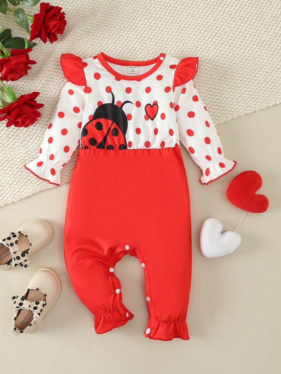Baby Girl Contrast Color Lovely Ladybug Polka Dot Printed Jumpsuit - Red - View 1