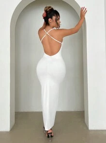 SHEIN SXY Vestido De Mujer Con Cuello Halter Descubierto Y De Un Solo Color Para El Día De San Valentín, Una Primera Cita, Ropa De Primavera Para Mujeres, Vestido De Cumpleaños, Traje De Fiesta De Soltera, Vestido De Cóctel, Vestido Corto De Noche - Blanco - Ver 3