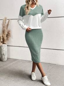 SHEIN LUNE Women's Colorblock V-Neck Long Sleeve Top And Skirt Two Piece Set - Green - View 6