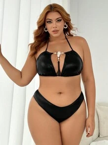 Swim SXY Plus Size Bikini Swimwear Set With Rhinestone Decor & Hollow Out Details Music Festival