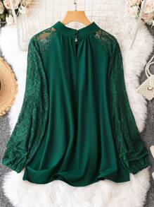 SHEIN LUNE 女士立領蕾絲拼接襯衫 - 綠色 - 查看 2