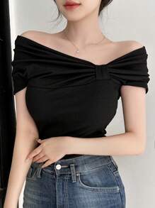 DAZY Women's Elegant Solid Color Off-Shoulder Ruched Fitted T-Shirt,Off Shoulder Top - Black - View 5