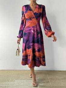 Chiquease Vestido De Manga Farol Con Cuello Cruzado Y Estampado Completo - Rosa Fucsia - Ver 1