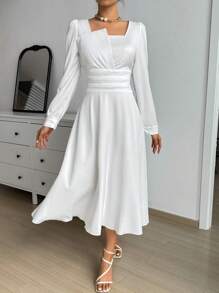 SHEIN Privé Ladies' Solid Color Asymmetric Neckline & Waist Ruffle Trim Umbrella Dress - White - View 6