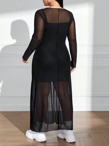 SHEIN EZwear 大码女式网眼长袖连衣裙，夏季 - 黑色 - 查看 2