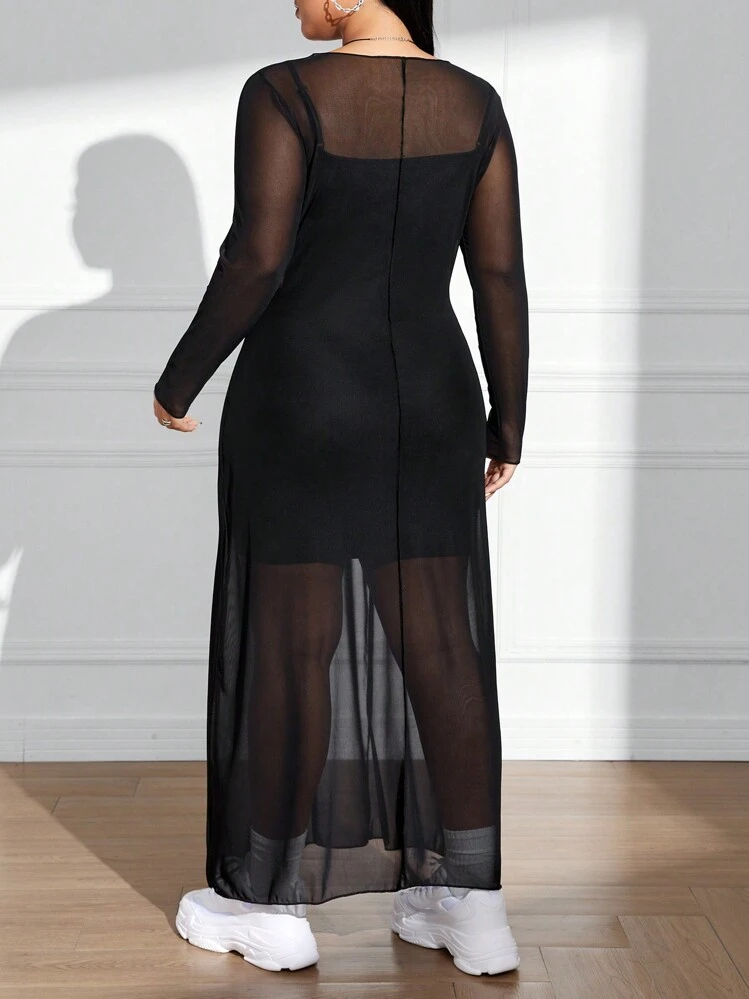 SHEIN EZwear Vestido largo de manga larga de malla para mujer de talla grande, verano - Negro - Añade 2