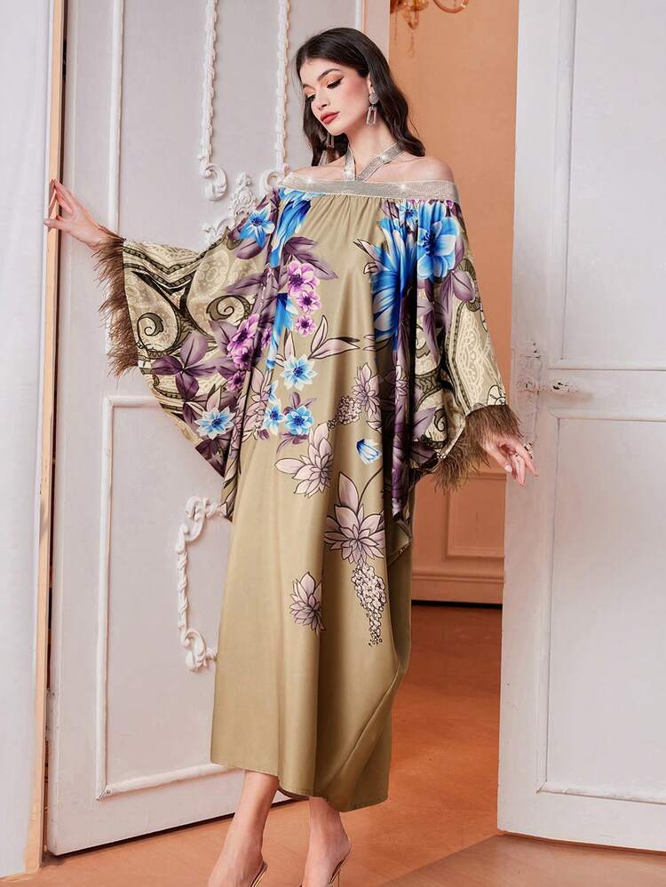 Women'S Floral Print Sparkling Ribbon Patchwork Dress