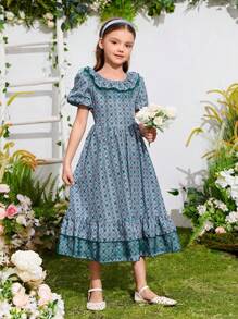Tween Girl Printed Puff Sleeve Ruffle Hem Dress