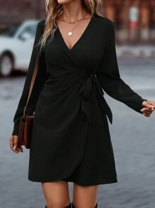 SHEIN LUNE Nút ven Bọc Tay áo dài Đầm - màu đen - Xem 3