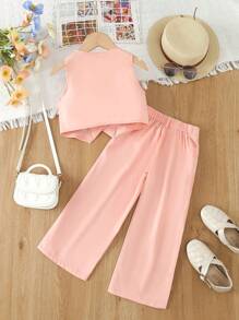 SHEIN Young Girl Solid Single Breasted Vest & Wide Leg Pants - Pink - View 2