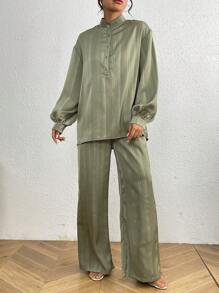 女式鈕扣前垂肩長袖襯衫和褲裝套裝 - 綠色 - 查看 1