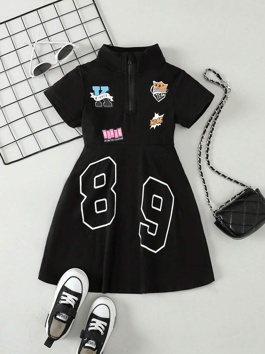 SHEIN Young Girl Fashionable Pattern Printed Half-Zipper A-Line Dress For Spring And Summer - Black - View 1