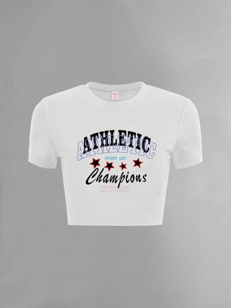 Grunge Punk Amerikanisch lässiges Damen Slim Fit T-Shirt mit Buchstaben- und Sternenmuster