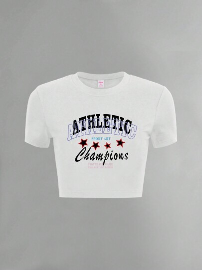 Grunge Punk Maglietta slim fit da donna con stampa di lettere e stelle, stile casual americano