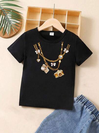 SHEIN Girls' Short Sleeve T-Shirt With Printed Pattern