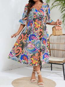 SHEIN Holidaya 加大尺碼全印花波浪袖裙 - 藍色 - 查看 4