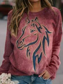 SHEIN Unity Sudadera Con Estampado De Caballo Para Mujer Con Cuello Redondo - Rojo - Ver 1