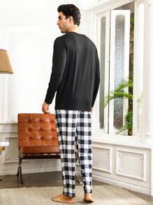 男士純色長袖t恤和格紋褲子家居服套裝 - 黑色 - 查看 2