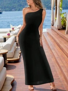 Women's Sexy Hollow Out One Shoulder Black Dress With Drawstring Waist, Women Cruise Outfit - Black - View 4