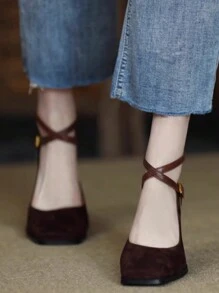 Của phụ nữ Mary Jane Dây đeo chéo Giày nữ Baotou In Retro Phong cách Pháp , Dày Cao gót , Nâu Giày cưới - màu nâu - Xem 3