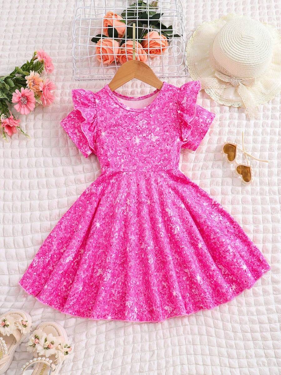 Young Girl Toddler Girls Galaxy Print Ruffle Trim Dress - Pink - View 1