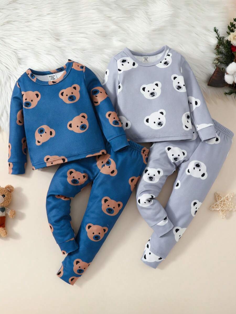 Baby Boys' Bear Printed Long Sleeve Long Pants Snug Fit Homewear Set - Multicolor - View 1