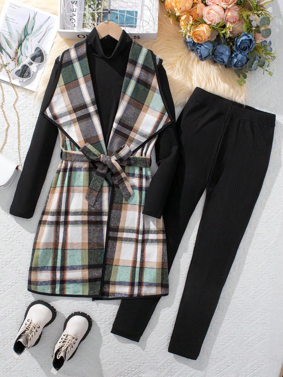 青少年女孩休閒羊毛背心配腰帶、長 T 恤和緊身褲套裝 - 綠色 - 查看 1