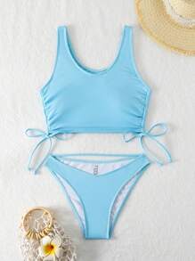 Swim Mod Solid Color Drawstring Side Bikini Set Summer - Blue - View 4