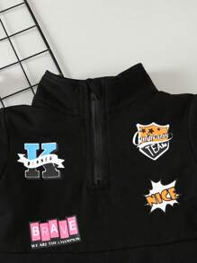 SHEIN Young Girl Fashionable Pattern Printed Half-Zipper A-Line Dress For Spring And Summer - Black - View 3