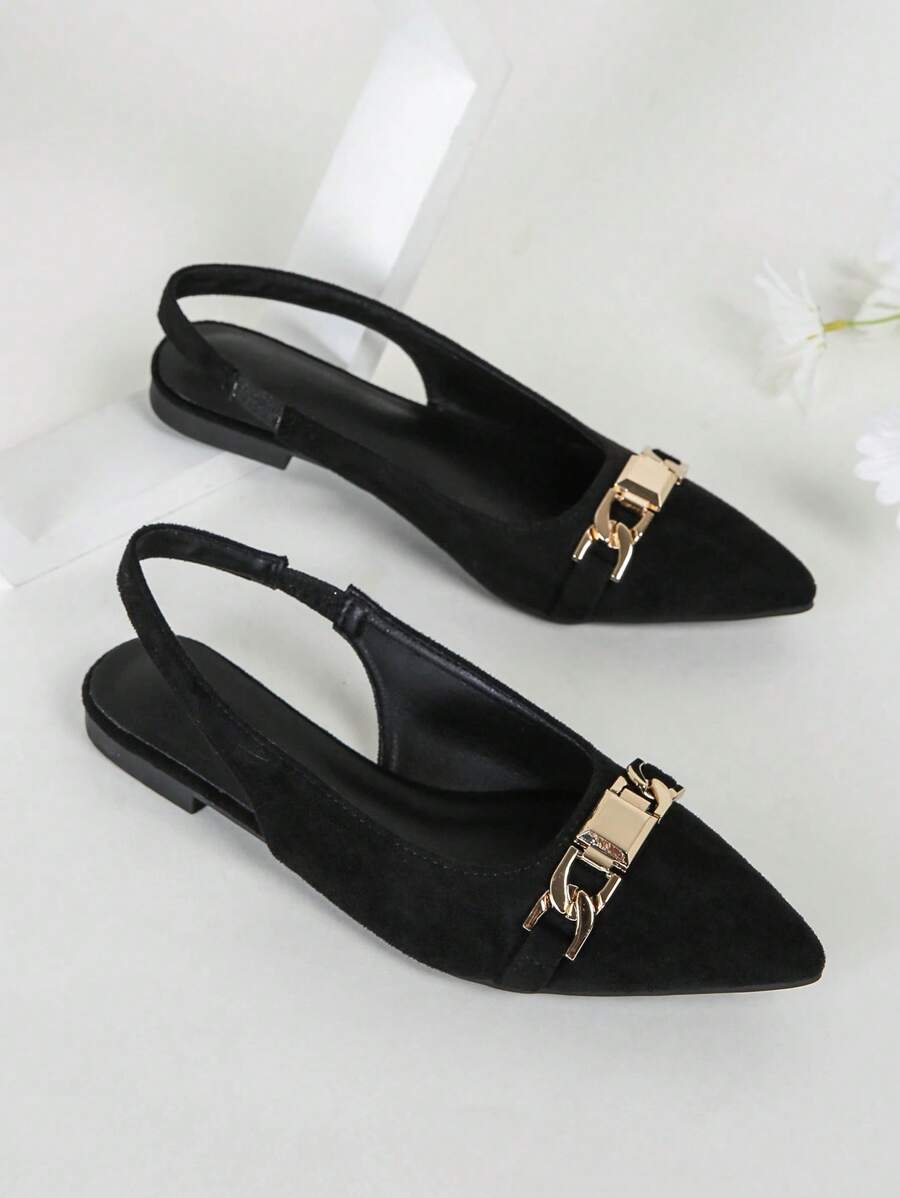 Ladies' Comfortable Pointed Toe Black Ballet Flats With Metal Buckle Strap - Black - View 1