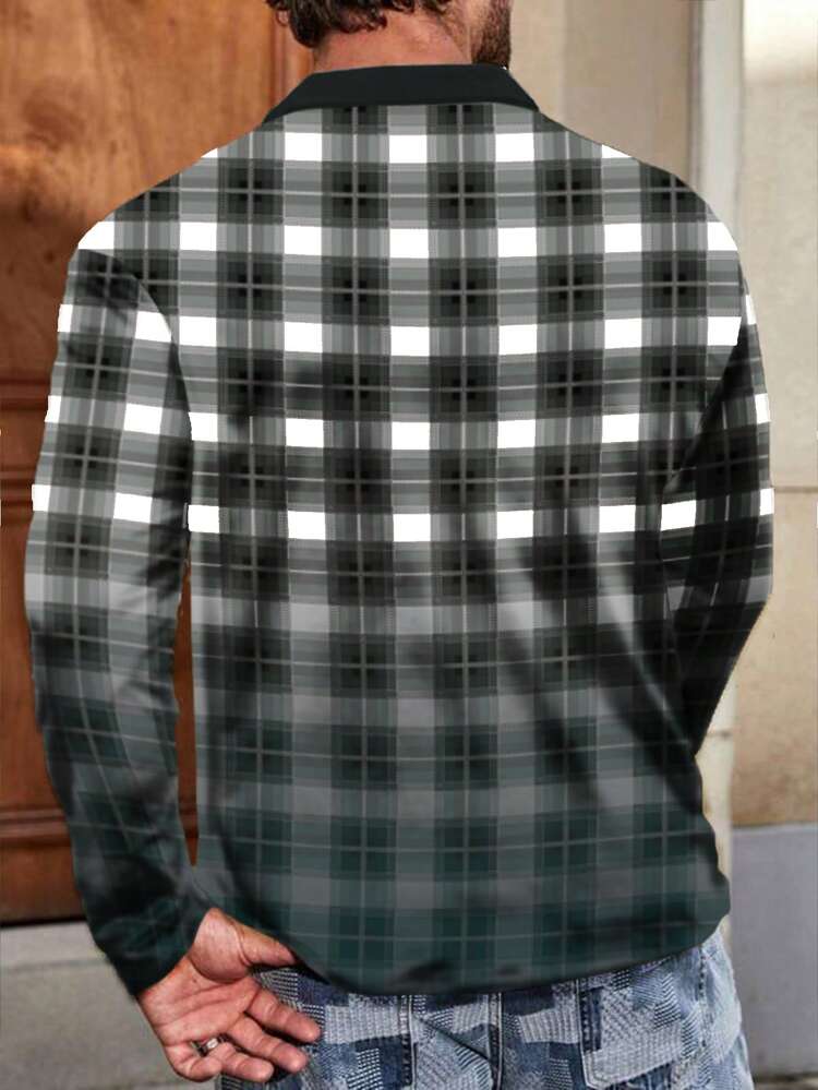 Men's Plus Size Plaid Long Sleeve Polo Shirt
