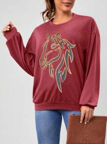 SHEIN Unity Sudadera Con Estampado De Caballo Para Mujer Con Cuello Redondo - Rojo - Ver 4