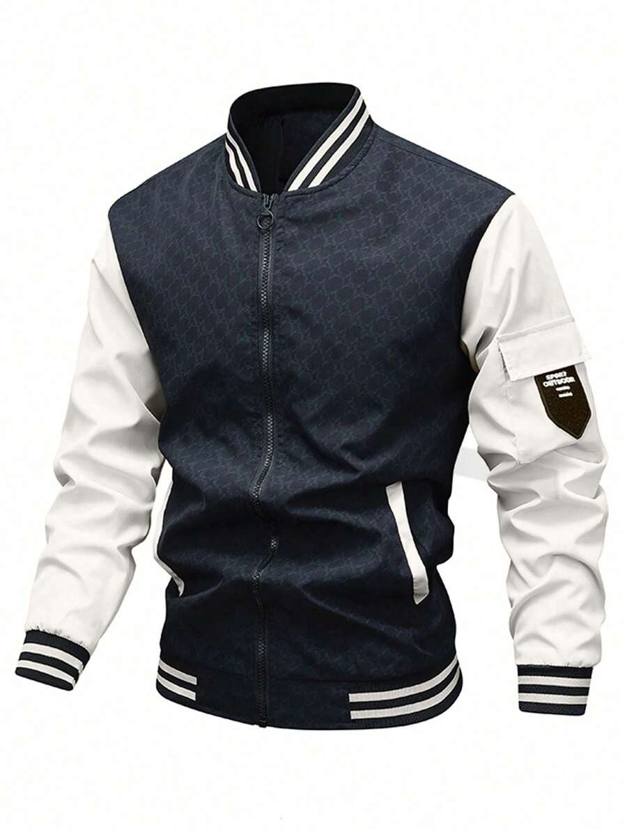 男士长袖条纹饰边撞色棒球夹克，秋季款