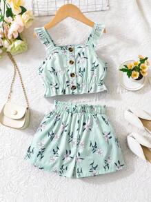 Young Girl Floral Print Ruffle Hem Camisole Top And Shorts Set