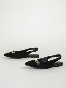 Ladies' Comfortable Pointed Toe Black Ballet Flats With Metal Buckle Strap - Black - View 4