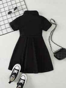 SHEIN Young Girl Fashionable Pattern Printed Half-Zipper A-Line Dress For Spring And Summer - Black - View 2