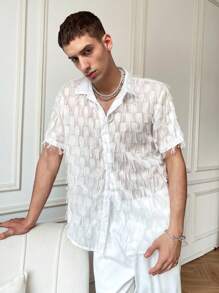 Manfinity Fever City Men's Fringe Shirt , Short Sleeve Button Up See Through Plain All White Party Sexy - White - View 4