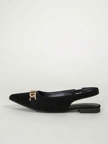 Ladies' Comfortable Pointed Toe Black Ballet Flats With Metal Buckle Strap - Black - View 2
