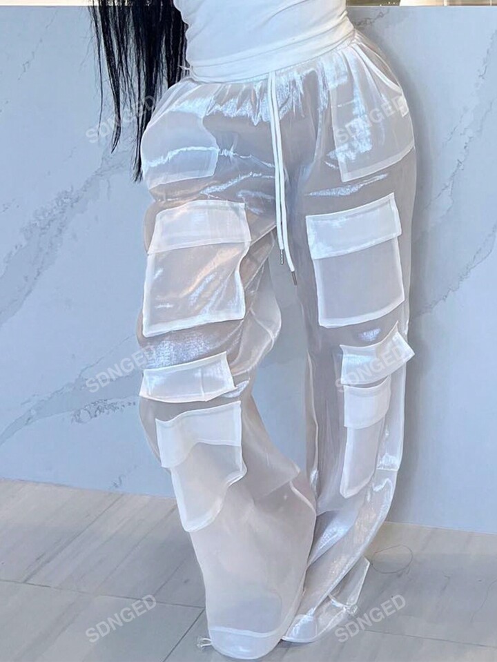 Solid Color Mesh Cargo Pants SHEIN