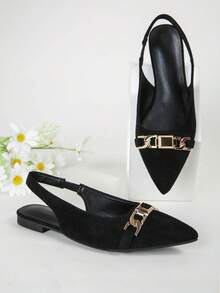 Ladies' Comfortable Pointed Toe Black Ballet Flats With Metal Buckle Strap - Black - View 3