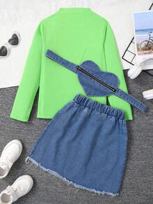 SHEIN Cô gái Tween Áo phông trơn & Rách Raw Hem Váy & Cái túi - Nhiều màu - Xem 2