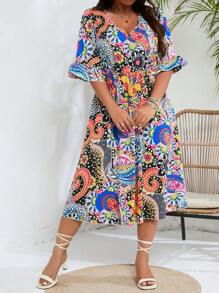 SHEIN Holidaya 加大尺碼全印花波浪袖裙 - 藍色 - 查看 1