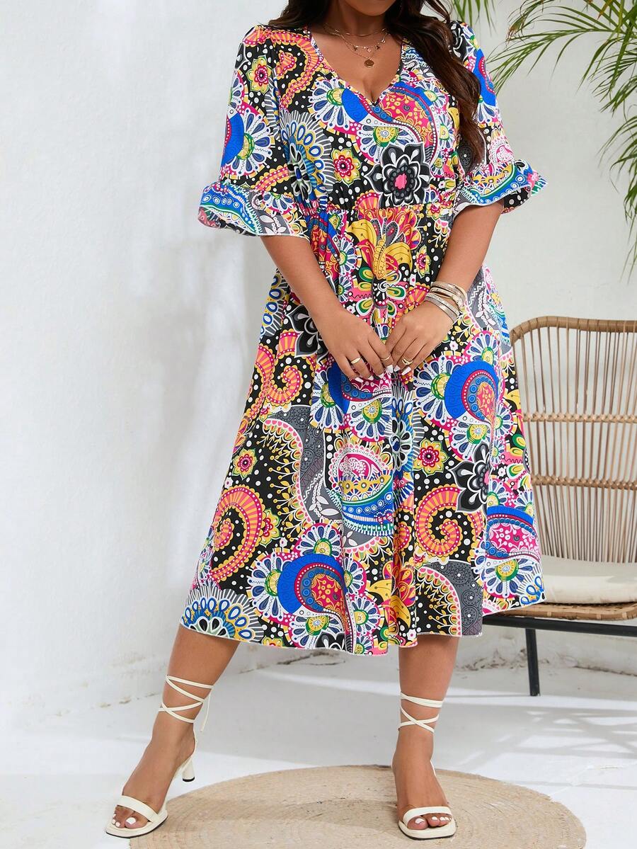 SHEIN Holidaya 加大尺碼全印花波浪袖裙 - 藍色 - 查看 1