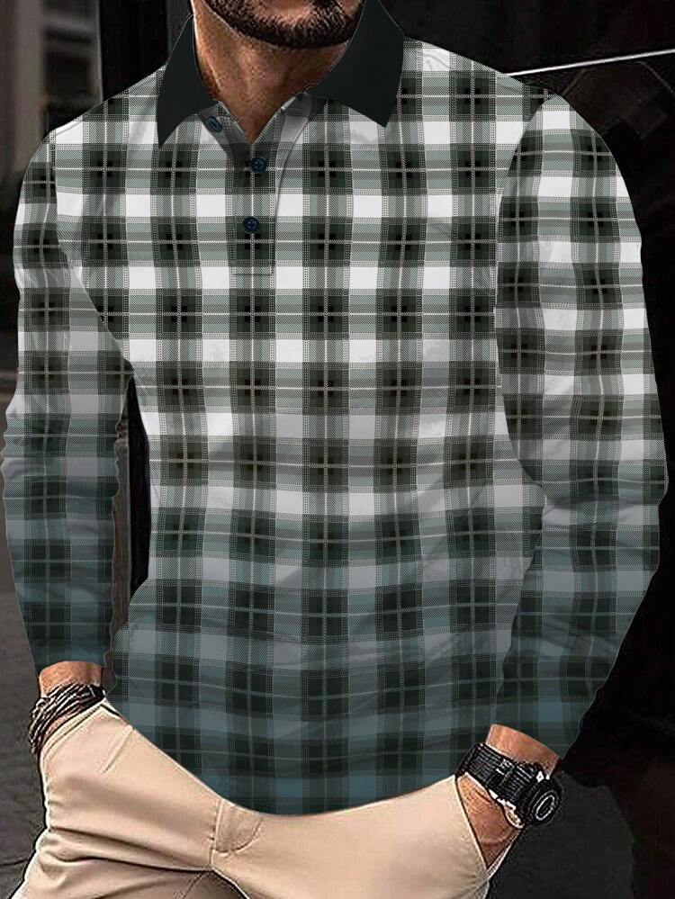 Men's Plus Size Plaid Long Sleeve Polo Shirt