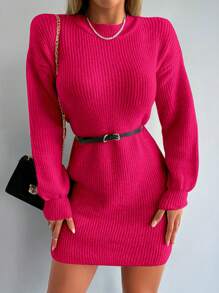 EURMUSE Drop Shoulder Ribbed Knit Sweater Dress Without Belt - Hot Pink - View 6