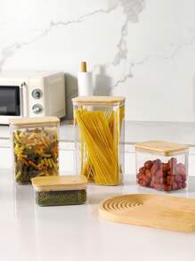 SHEIN Basic living 1 件透明食品储存罐，带竹盖，适用于面粉、谷物、糖、茶、咖啡豆、零食（矩形）圣诞节节日礼物 - 米色 - 查看 4