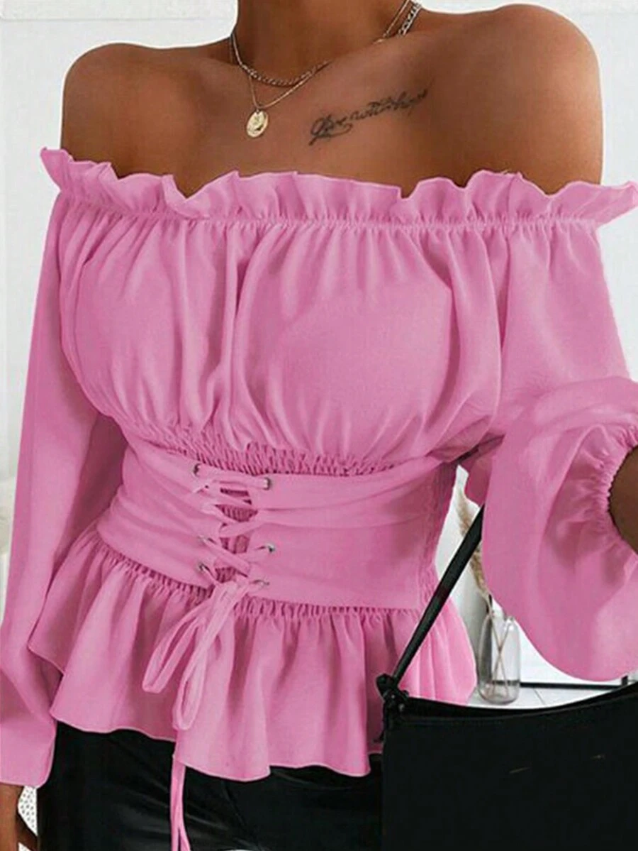 Modieus lente/zomer shirt met ruches, lange mouwen en ruches aan de zoom voor dames - Roze - Bekijken 1