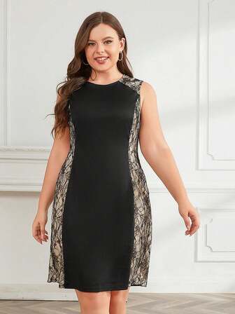 大码优雅派对撞色蕾丝无袖连衣裙